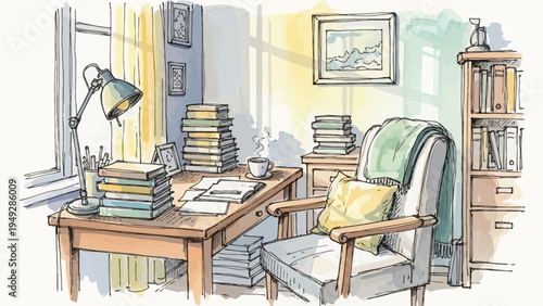 A cozy study room with a comfortable chair, desk, books, and lamp near a window.