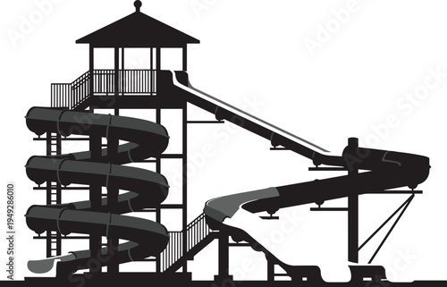 Water slide silhouette illustration, tower with spiral tube slide and long curved slide vector art, amusement park concept, recreational design composition
