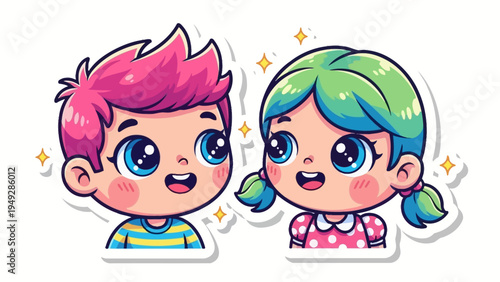 Two cartoon children smiling with rosy cheeks and colorful hair