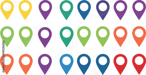 Set of 24 Colorful Location Pin Icons Vector Collection for Map Navigation, GPS, and Pointer Design Elements