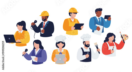Diverse Career Paths: Vector Illustration of People in Various Occupations - Journalist, Engineer, Chef, Artist, Office Worker