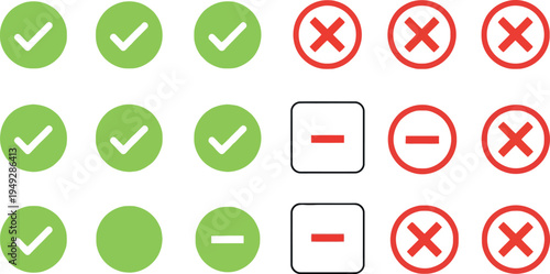 A grid of various status icons including green checkmarks, red crosses, and minus signs in circles and squares, representing approval, denial, and neutral states.