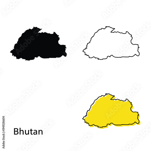 Bhutan map set including solid black silhouette outline and yellow color version graphics
