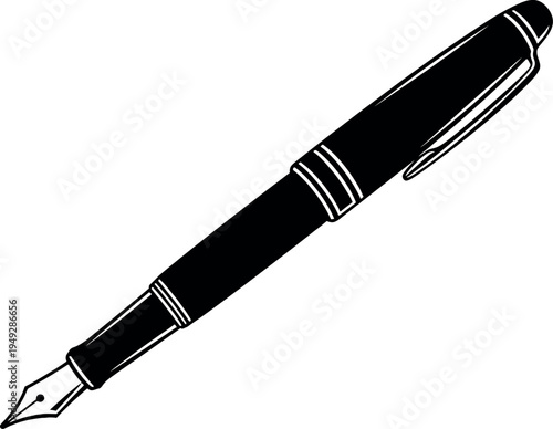 A black and white graphic illustration of a classic fountain pen with a nib, ready for writing.