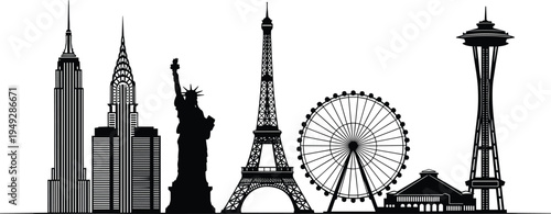World famous landmarks silhouette illustration, Empire State Building, Statue of Liberty, Eiffel Tower, London Eye, Space Needle, global architecture tourism vector artwork