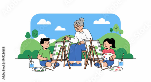 Woman teaching kids painting.