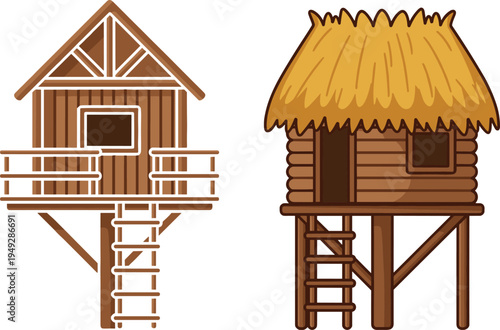Wooden stilt houses vector illustration, elevated dwellings, treehouse style graphics, rustic architecture, balcony design, thatched roof huts, cultural housing, outdoor lifestyle art