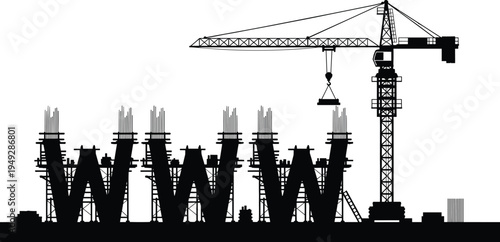 World Wide Web construction silhouette illustration, crane and scaffolding building WWW letters, digital infrastructure artwork, black and white vector, internet development drawing