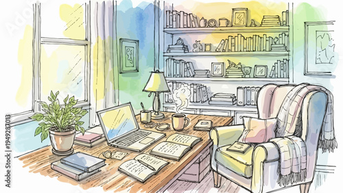 A woman works on her laptop in a cozy home office with a chair and bookshelf