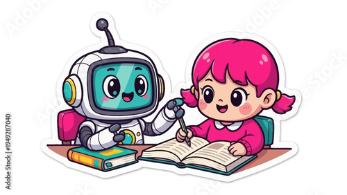 A girl and robot studying together at a desk with books and pencil