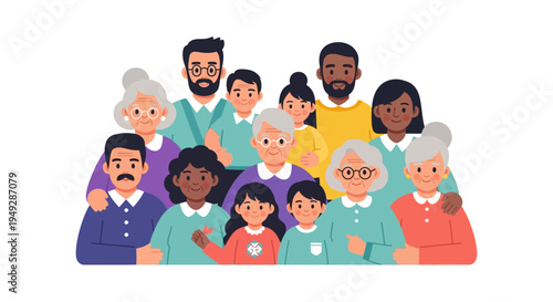Diverse Multi-Generational Family and Community Group Illustration. Happy People of Different Ages and Ethnicities.