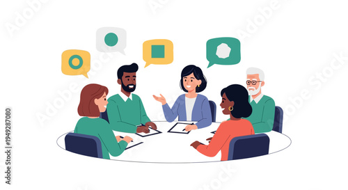 Diverse Business Team Collaborating in a Meeting, Sharing Ideas with Speech Bubbles - Flat Vector Illustration