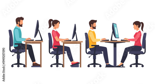 Modern Office Workers Typing on Computers at Desks: Professional Team Collaboration & Digital Productivity
