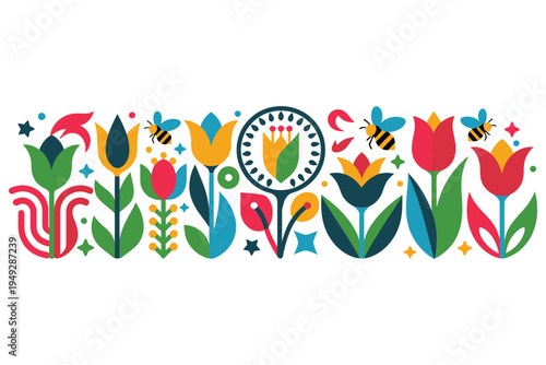 Colorful folk art flower arrangement with bees and tulips in a decorative row on transparent background