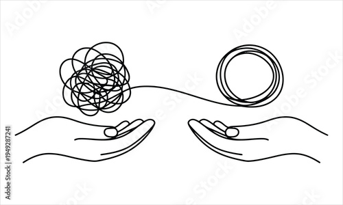 Minimalist drawing illustrates problem solving from a tangled knot to a streamlined solution