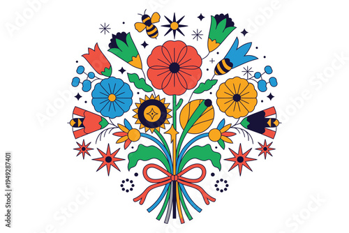 Floral bouquet illustration with bees and stars in flat geometric style colorful wild flowers arrangement for greeting card and decoration