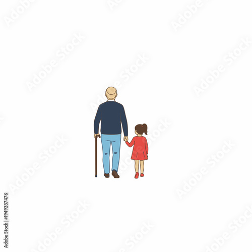 Grandfather and granddaughter walking holding hands from behind