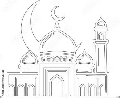 Mosque Building with Crescent Moon Continuous Line Art Illustration
