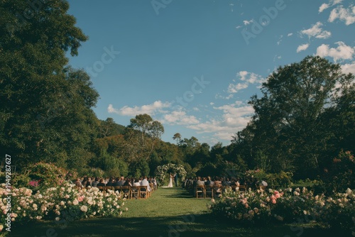Wide shot of a wedding ceremony in a garden setting with guests seated among flowers under a clear sky during daylight