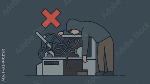 Overwhelmed person slumping on a complex machine with warning X