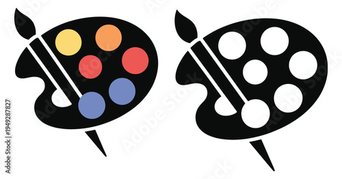 Colorful paint palettes with brushes for artistic creativity and design, essential tools for painting and drawing, modern flat vector illustration.