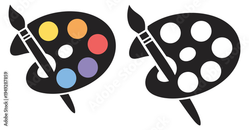 Colorful paint palettes with brushes for artistic creativity and design, essential tools for painting and drawing, modern flat vector illustration.