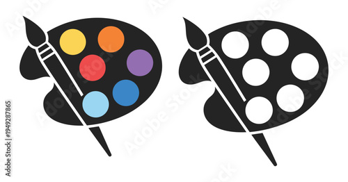 Colorful paint palettes with brushes for artistic creativity and design, essential tools for painting and drawing, modern flat vector illustration.