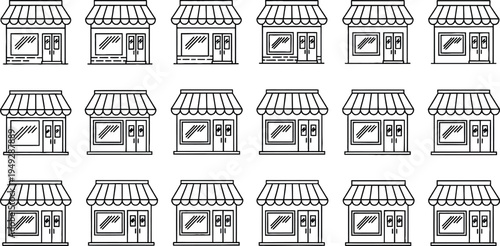 Row of shops in a simple line art style with black and white outline on a white background for retail or business illustration.