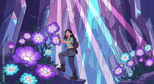 Young woman exploring a vibrant crystal cave with glowing flowers.