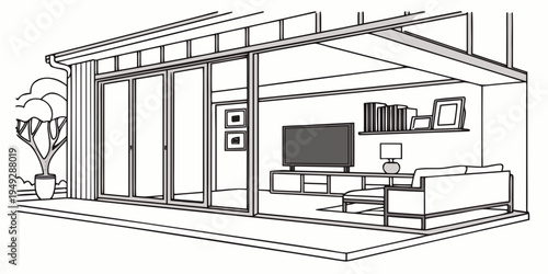 Modern living room with large windows and sliding glass doors