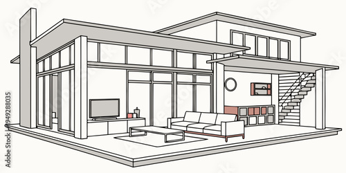Modern architectural design with open floor plan and large windows