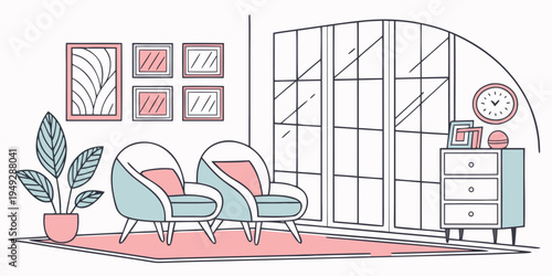 A cozy living room with a large window and a comfortable seating area.