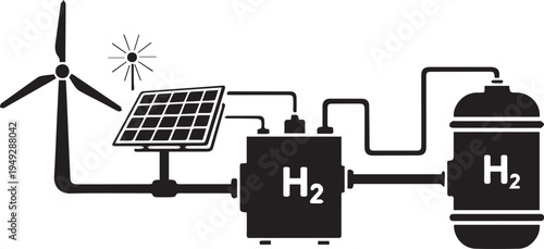 Vector diagram of a hydrogen production system using solar panel and wind turbine isolated on transparent background