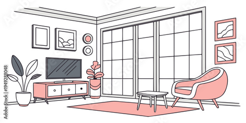 A modern living room with a large window and a sliding glass door.