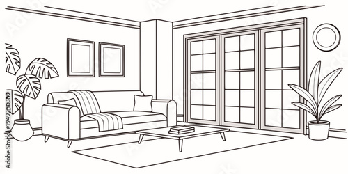 A cozy living room with a large window and a comfortable sofa set.