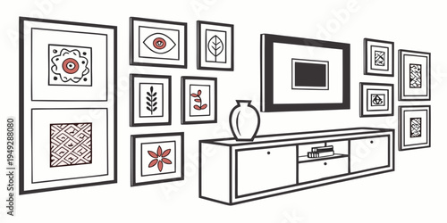 A modern living room with a white entertainment center and various framed artworks on the wall