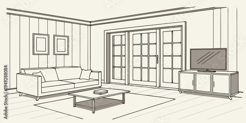 Modern living room with large windows and a cozy seating area