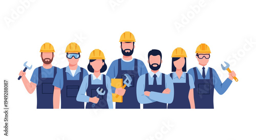 Diverse Skilled Workforce Team Illustration with Tools and Hard Hats - Engineering, Construction & Maintenance Crew