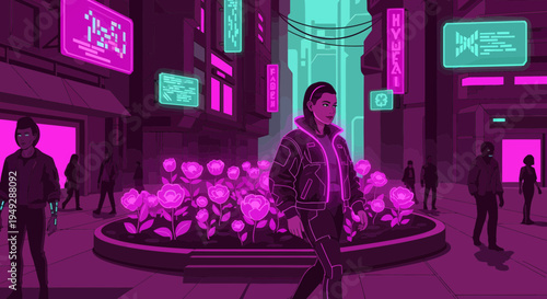 Young Woman Walking Through Futuristic City Street.