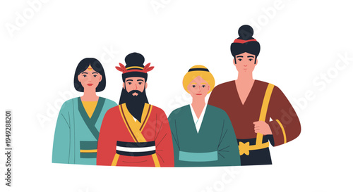 Diverse Asian People in Traditional Historical Costumes. Flat Vector Illustration of Characters Representing East, Central & Southeast Asian Cultures and Heritage.