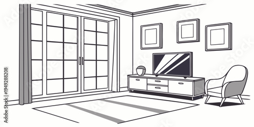 Modern living room with sliding glass doors and a large television