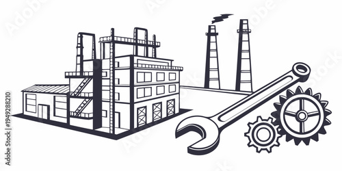 Industrial scene with buildings, smokestacks, and mechanical tools