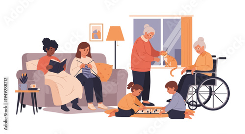 Intergenerational Family Life: Diverse Members Enjoying Home Hobbies & Togetherness