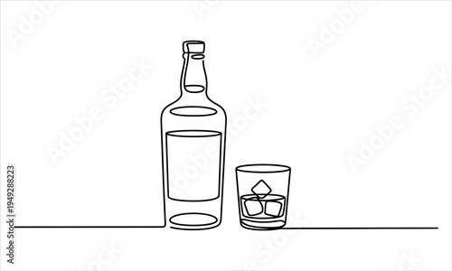 Simple single line drawing showing a classic beverage bottle next to a tumbler glass with ice cubes