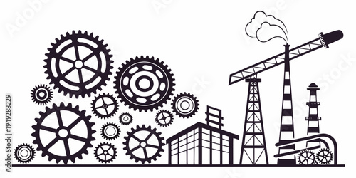 Intricate mechanical gears and industrial structures with a cloud in the background