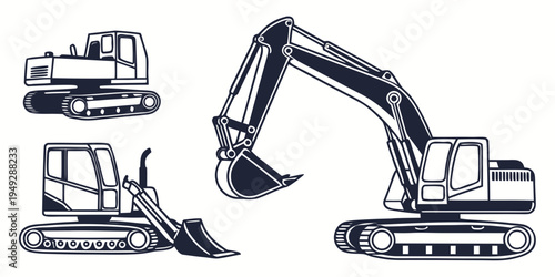 Four different types of heavy machinery used for construction and excavation