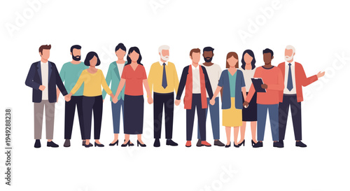 Diverse Group of Business Professionals and Community Members Holding Hands - Unity, Teamwork, and Inclusion Flat Vector Illustration