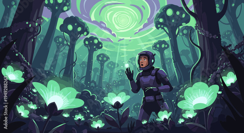 Astronaut exploring alien planet with glowing flora.