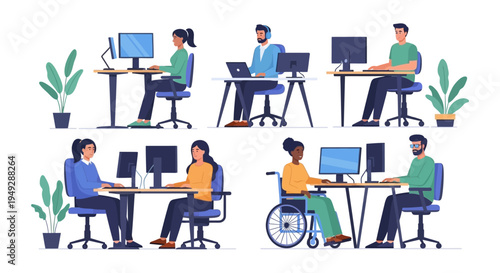 Diverse Team Working at Computers - Office Productivity, Remote Work, and Inclusive Environment Vector Illustration