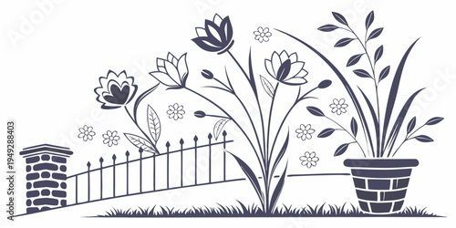 A beautiful garden scene with flowers and a fence in the background.